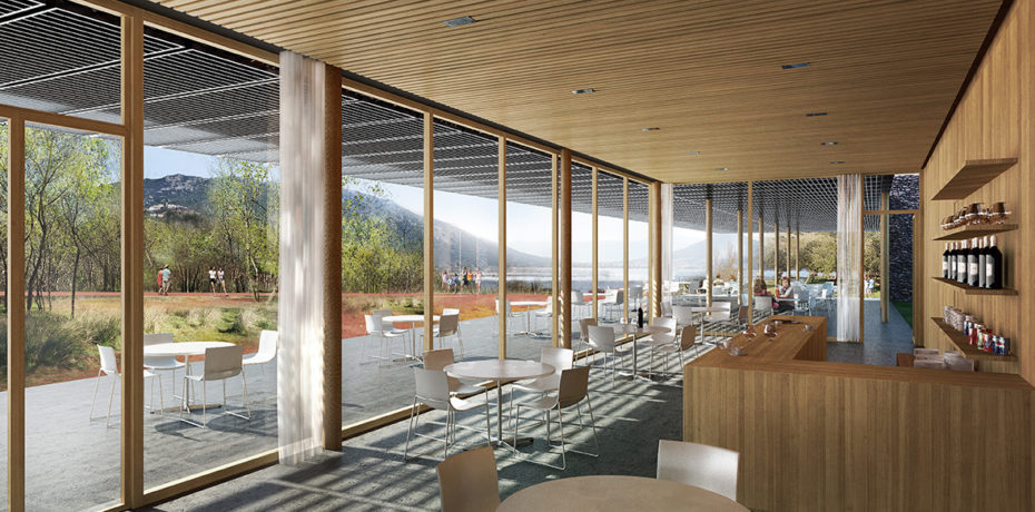 Vue depuis le restaurant / Maison de site/ Halle au Clermontais. Crédit : Atelier Sites-Véronique Joffre architecture